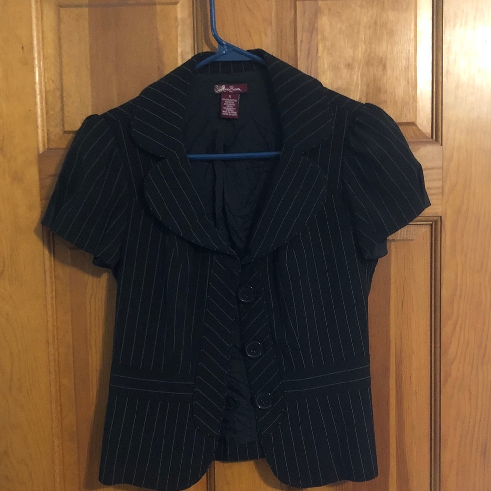 Short-Sleeve Black Pinstripe Blazer & Pants Suit
